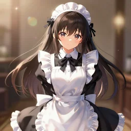 beautiful illustration of anime maid, stunning and rich detail, pretty face and eyes. Full-body shot, upper body. Lights, lens flares