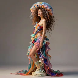 flume and former cover art future bass girl un wrapped statue bust curls of hair petite lush side view body photography model full body untouched art contrast vibrant futuristic fabric only skin jellyfish material style of Jonathan Zawada, Thisset colours simple background objective