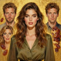 epic painting drawing, full figure portrait of beautiful supermodel wearing olive blouse, wavy hair, sweet egyptian dried dates, photography by amy leibowitz, wlop, jeremy lipkin, beeple, intricate, symmetrical front portrait, artgerm, golden glowing background