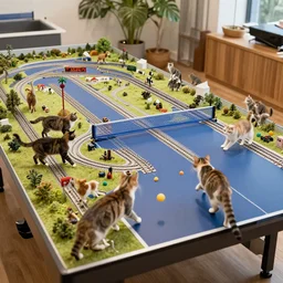 a huge model railroad scene built on top of a ping pong table, it is being attacked by many cats,