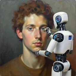 robot artist painting a self - portrait on a canvas. intricate, highly detailed, digital matte painting, in the style of alexandros pyromallis, and in the style of boris groh, and in the style of hans thoma, and in the style of gil elvgren. irony, recursion, inspiration.