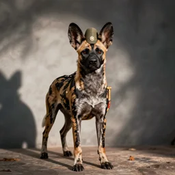 A photo of the world's greatest sheriff: an african painted dog dressed in a hat!