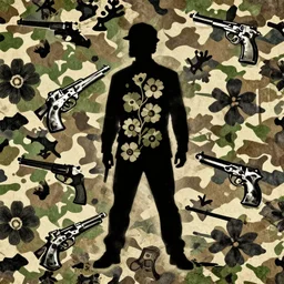 camouflage pattern of flowers and guns by banksy, in the style of max wertheimer, wolfgang kohler, and kurt koffka