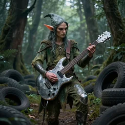 mystical elf playing metal guitar, forest full of tires