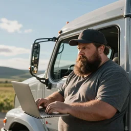 chubby bearded truck driver typing angry comments on facebook