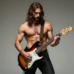 a photo of Jesus Christ playing electric guitar Stratocaster, with big muscles - n 9
