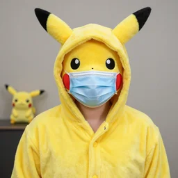 wearing a pikachu pj and a 1 surgically mask