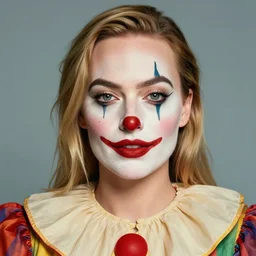 margot robbie portrait as a clown, space in the background, realistic facial features, beautiful face, sharp, 4k, HD