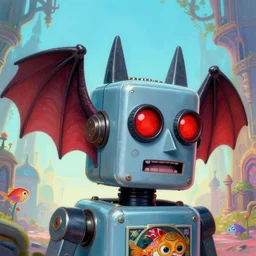 wide - angle profile face portrait of a tin toy robot as a bat with glowing red eyes, nicoletta ceccoli, mark ryden, lostfish, max fleischer, hyper realistic, artstation, illustration, digital paint, matte paint, vivid colors, bright, cheerful, detailed and intricate gothic environment