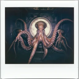 ultra wide angle severals xenobites with tentacles in a secret army base backlighting, faded color polaroid, 1 9 1 0 s photography