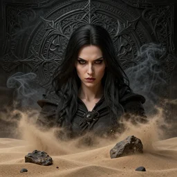 sorcerer of sand, female portrait, fierce, gothic, scattered, black smoke, intricate background, complex 3 d render by ilya kuvshinov, craig mullins, ruan jia, thomas kinkade, victo ngai. unreal engine, blender, octane, ray tracing. sharp focus, masterpiece, post processing, deviantart