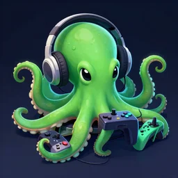 an acqua green little octopus playing videogames, with various joypads in his tentacles, he is wearing a pair of headphones on his head, dark background, digital drawing, high definition, good shading, artstation contest winner, octane render, unreal engine 5, discord profile picture