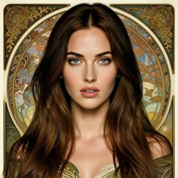 new art nouveau portrait of megan fox in the style of anna dittmann and charlie bowater and loish. long windblown hair, very large, clear, expressive, and intelligent eyes. symmetrical, centered, ultrasharp focus, dramatic lighting, photorealistic digital matte painting, intricate ultra detailed background.