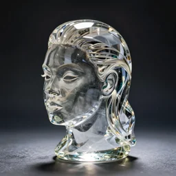 a transparent crystal glass statue of a Beyonce's head, studio photography, detailed, in focus