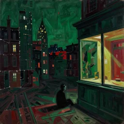 feeling lonely in the city, dark green dark red palette, strong contrast, painting by shaun tan, detailed, intricate, torn paper decollage, oil on canvas by edward hopper, ( by mattias adolfsson ), by moebius