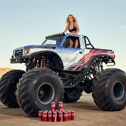 pamela anderson driving a monster truck over coke cans