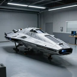 A professional garage photograph of a futuristic space ship made of a slick metallic substance.