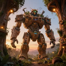 sci - fi giant wooden mecha building futuristic giant wooden tree trunk buildings, organic wooded self growing building, solarpunk, organic bioluminescent street lights, forest canopy understory, cinematic lighting, sunset, octane render, 3 d pixar disney digital cgi rtx hdr painting, highly detailed, artstation cgsociety masterpiece, by syd mead, greg rutkowski, wlop, art
