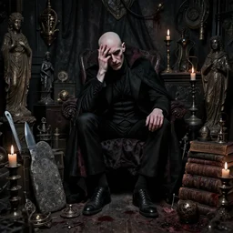 night portrait of a neurotic british man ( ( vampire ) ) feeling confidant ( bald ) in a cluttered room full of ancient artifacts dark dusty statues runes books magical arcane instruments candlesticks ritual stone knife drapery bloody atmospheric f / 1. 4 hdr