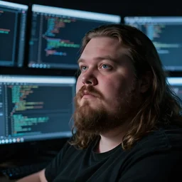 an cinematic headshot portrait of a fat man, long hair, facial hair, watching multiple screens of code in the dark, ultra realistic