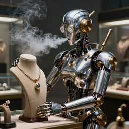 robotic steampunk chrome cobra, with rhinestones eyes, blowing smoke from its nostrils and wrapping around a jewelry display stand, real life, photography, cinematic, jewelry commercial