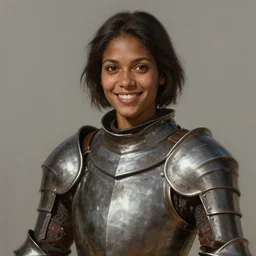 medium-length portrait of a female knight with short dark hair and brown eyes, dark skin, happy expression, wears a combination of plate armor and boiled leather, medieval setting, highly detailed, digital painting, artstation, concept art, sharp focus, illustration, art by greg rutkowski and alphonse mucha