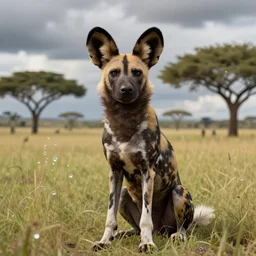 an african wild dog sitting up!, on the african plains, friendly, long grass, acacia trees, dramatic clouds, sparkling water, glistening, hyper realistic, hyper detailed, digital art, trending in artstation, cinematic lighting, studio quality, smooth render, unreal engine 5 rendered, octane rendered, by paul lehr