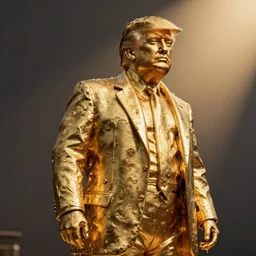 a statue of Donald Trump in melting gold metal with drips of molten metal
