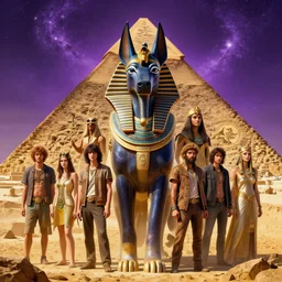 highly detailed vfx portrait of anubis, pyramid behind, sky galaxy purple, unreal engine, greg rutkowski, loish, rhads, beeple, makoto shinkai and lois van baarle, ilya kuvshinov, rossdraws, tom bagshaw, alphonse mucha, global illumination, detailed and intricate environment