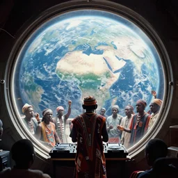 analogue photo of an African tribal DJ and crowd on a spaceship, planet earth in big porthole window, wide angle,