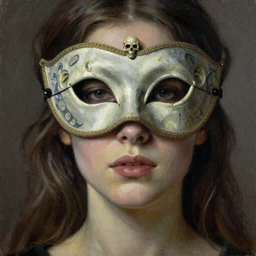 closeup of goddess of death, beautiful woman, model, carnival mask, skull, by godmachine, Zdzislaw Beksinski, highly detailed, soft lighting, film grain, medium format, 8k resolution, oil on canvas