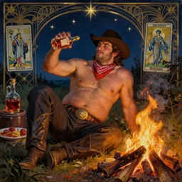a dramatic, epic, ethereal painting of a handsome thicc mischievous shirtless cowboy with a beer belly wearing a large belt and bandana offering a whiskey bottle | he is relaxing by a campfire | background is a late night with food and jugs of whisky | homoerotic | stars, tarot card, art deco, art nouveau, intricate | by Mark Maggiori (((and Alphonse Mucha))) | trending on artstation