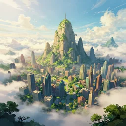 a beautiful city 🌤 above the clouds of the sky 🌿🌲🏘⛰, style artstation, style greg rutkowsk, comic art book,, octane render, unreal engine 6, epic game graphics, fantasy, ciberpunk, post - apocaliptic, ray tracing