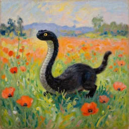 snake shaped black kitten playing at poppy field, monet painting, impressionist painting, caillebotte painting, manet painting, landscape, renoir painting, oil on canvas s - 1 0 0