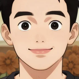 a white young man with a big smile, prominent big eyes, round portruding chin, plump lips, brown flowers, standout colours, sharp, simple lines, digital painting, artstation, matte, sharp focus, illustration, realistic anime moe artstyle