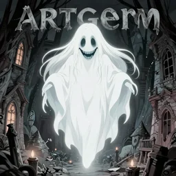 artgerm, joshua middleton comic cover art, pretty ghost sarah michelle gellar entire full body, floating, creepy smile, white dress, friendly, translucent, symmetrical eyes, symmetrical face, long white hair, inside haunted house