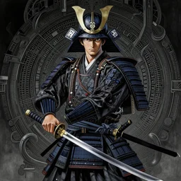 very detailed painting of samurai with a katana by kentaro miura!, dark futuristic world, mysticism, intricate, highly ornate dark trim armoury, masterpiece, by gene wolfe, highly detailed, by gustave dore, black and white