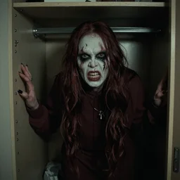 grainy photo of erin esurance as a creepy monster in a closet, harsh flash