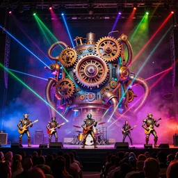a concert stage with audience, on stage is a rockband with 3 steampunk robots with guitars and drums, center of the stage is a big futuristic steampunk generator with gears and belts and tubes, laser show, 8 k, fluorescent colors, halluzinogenic, multicolored, exaggerated detailed, unreal engine