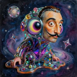 a hd surrealism painting of 3d cast glass galactic trippy neon cartoon surrealism melting creature by salvia dali the fourth, salvador dali's much much much much more talented painter cousin, 4k, ultra realistic