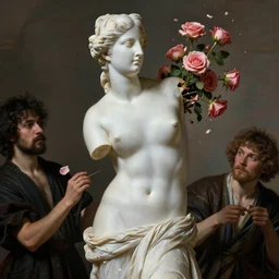 venus of milo sculpture, technology vs nature, split in half, falling out of the face, roccoco roses explosion, photorealistic by michael komarck, greg rutkowski, victo ngai, artgerm, willem claesz heda and j. dickenson