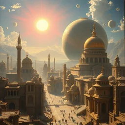 a futuristic persian city with temples with a giant sphere and bright sun rays 8 k highly detailed hyperornate oil painting by marc simonetti and caspar david friedrich, trending on artstation