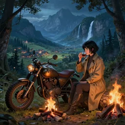 panoramic photograph on a girl from final fantasy live action, with short black hair and green eyes in a tan trenchcoat sitting on a log and drinking tea by the campfire by her motorrad, steampunk motorcycle, in the forest at night, ray tracing, large landscape with village, beautiful, mountains, waterfalls, award winning, high detail, masterpiece digital painting by greg rutkowski, alex grey, artstation, 4 k wallpaper, jakub rozalski
