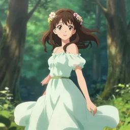 a pretty girl with flowers in her hair, wearing a flowing dress, forest background, anime key visual, lois van baarle, ilya kuvshinov, rossdraws, artstation