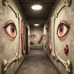 hallway with eyes and meat and bone walls, anime inspirated