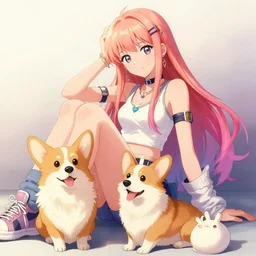 beautiful anime painting of hiphop solarpunk attractive princess chilling with corgi, by, craig mullins, craig davison. trending on artstation, 8 k, masterpiece, graffiti paint, fine detail, full of color, intricate detail, golden ratio illustration