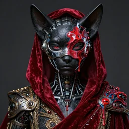 highly detailed and decorated beautiful black albino, all dressed in metalic parts and expensive fabric, beautiful face and eyes, robotic mask on his face, red velvet fabric made of paint, cel shaded, cinematic shot, trending on artstation, color fluid oil paint and acrylic paint, melting wax, by tom bagshaw and jama jurabaev and beep