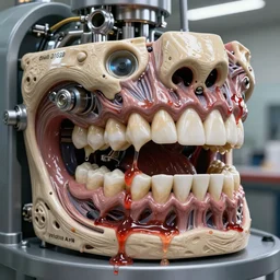 teeth machine by hr giger and yoshitaka amano, anatomical biomechanical teeth, industrial factory made to che, biomechanical machine made of teeth, gums sinew muscle, disturbing biohorror saliva and ooze cinematic 3 d render unreal engine, volumetric lighting, highly detailed