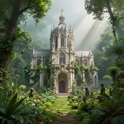a baroque revival satanic cathedral in a lush dense verdant garden by jacek yerka and tim doyle and victo ngai and dan mumford, mist, hyperrealism, volumetric lighting, god rays, highly detailed, sfumato, overgrown