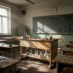 highly detailed professional render. professional cg artist. dusty, grungy, rusty, dirty, abandoned old classroom with sun rays casting shadows and light onto various glassware and old paraphernalia and chemical substances. soviet, brutalist, artstation, cgsociety, deviantart. octane, maya, 3 dsmax, vray. subsurface scattering, bi - directional path tracing, caustics, hdri, volumetric lighting. 8 k. hdr.
